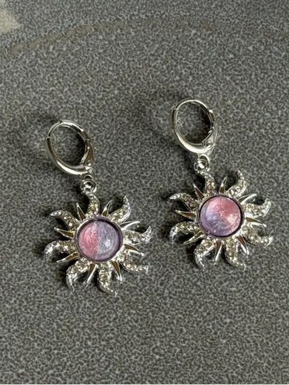 Disney Silver Sunburst Drop Earrings with Pink-Blue Opalescent Center
